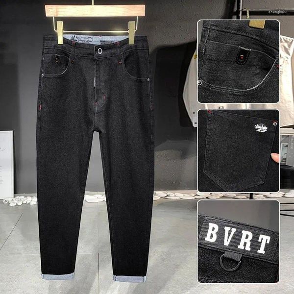 Calças de brim masculinas outono inverno coreano fino lápis 2024 tendência moda meados cintura botão casual calças jeans roupas masculinas