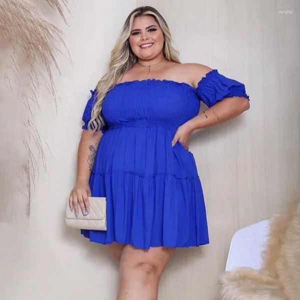 Plus size vestidos kexu streetwear feminino cintura alta plissado vestido de festa sexy fora do ombro manga curta verão solto estilo praia