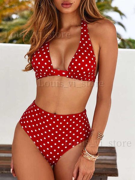 Mulheres Swimwear 2023 Sexy Cintura Alta Dot Print Bikini Swimwear Mulheres Halter Push Up Bikini Set Swimsuit Feminino Biquini Beach Wear Terno de banho T240222