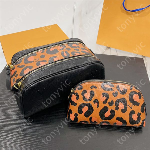 Bolsa de maquiagem luxuosa com estampa de leopardo, bolsa de mão feminina para homens e mulheres, corpo cruzado, bolsa de ombro cosmética, lavagem de couro, tote de mão