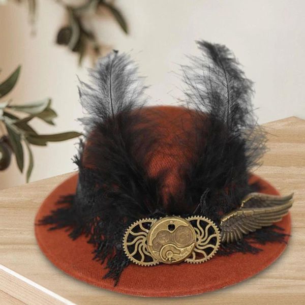 Berets Steampunk Top Hats Hairpin Cap Funky com Penas e Asa Fedoras para Favores de Festa Mulheres Meninas Halloween Dress Up Férias