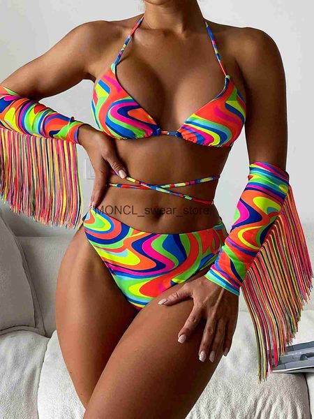 Mulheres Swimwear Sexy Borla 4 Peça Bikini Set Mulheres Neon Verde Contraste Cor Push Up Bandagem Cruz Manga Longa Capa 2024H24222