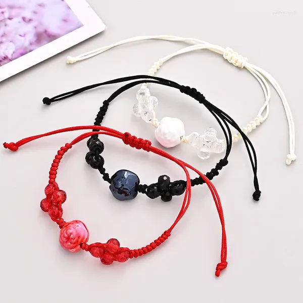 Charme pulseiras preto branco vermelho grânulo tecido pulseiras para mulheres homens sorte ajustável amizade artesanal trançado thread jóias