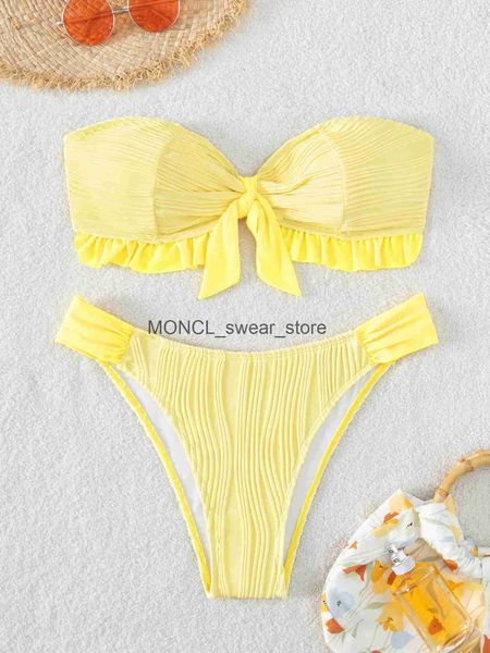 Costume da bagno donna sexy bikini a fascia 2023 donna tinta unita giallo fiocco anteriore volant push up micro costume da bagno estivo perizoma beachwear H24222