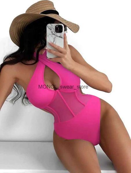 Mulheres Swimwear Sexy Ver através de um pedaço de maiô 2024 Mulheres Halter Corss Underwire Tummy Control Sólido Preto Quente Rosa Banheiras TernosH24222