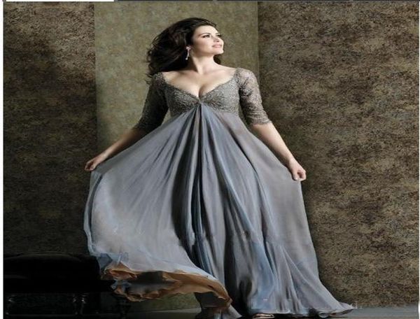 Schickes Plus-Size-Spitzenkleid für die Brautmutter, Ärmel A-Linie, V-Ausschnitt, Empire-Taille, Kleid für die Mutter des Bräutigams, bodenlang, Chiffon, gerade Linie 5991141