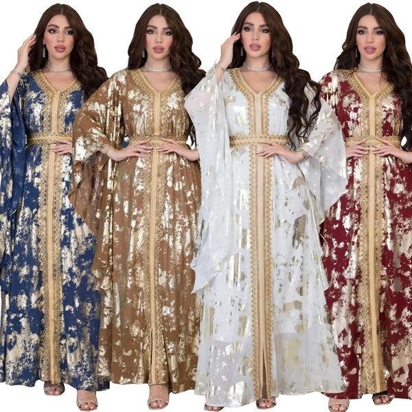 Medio Oriente 2024 Nuovo Musulmano Chiffon Abbronzante Abito con Cintura Medio Oriente Abito Maniche a Pipistrello Diamanti Applique Allentato Abaya Dubai Caftano