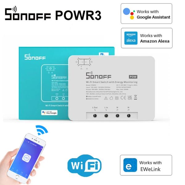 Controle Sonoff Pow R3 Smart Wi -Fi Switch 25A 5500W Medição de energia de sobrecarga Proteção de proteção Energia Voice Conrol via Alexa Google Home