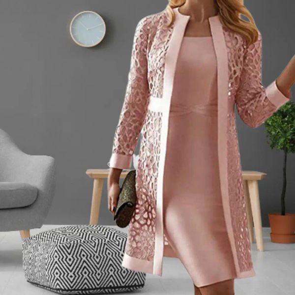 Giacche da ufficio da donna a maniche lunghe, cappotto, cardigan, set, da donna, vestito, tinta unita, in pizzo, cappotto, maniche lunghe, abito autunno da donna