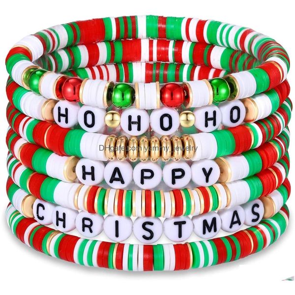 Perlenbesetztes 7-teiliges Weihnachts-Perlenarmbänder-Set für Feiertage, Heishi, Stretch-Stränge, rot, grün, Polymer-Ton, Buchstabe, stapelbar, Freundschaftsanhänger, S Dhg1G