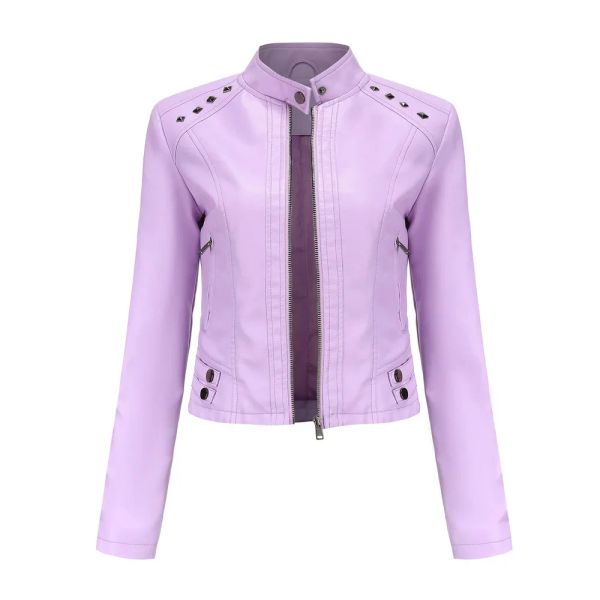 Giacche Giacca da motociclista da donna con cerniera Bomber Giacca in pelle viola Pelliccia sintetica Cappotto invernale Rivetto corto Abbigliamento da donna Corpo rosso nero