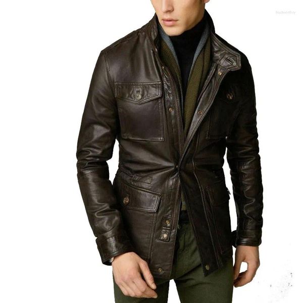 Jaquetas masculinas pele de cordeiro genuína couro real trincheira casaco curto botão bolso jaqueta marrom