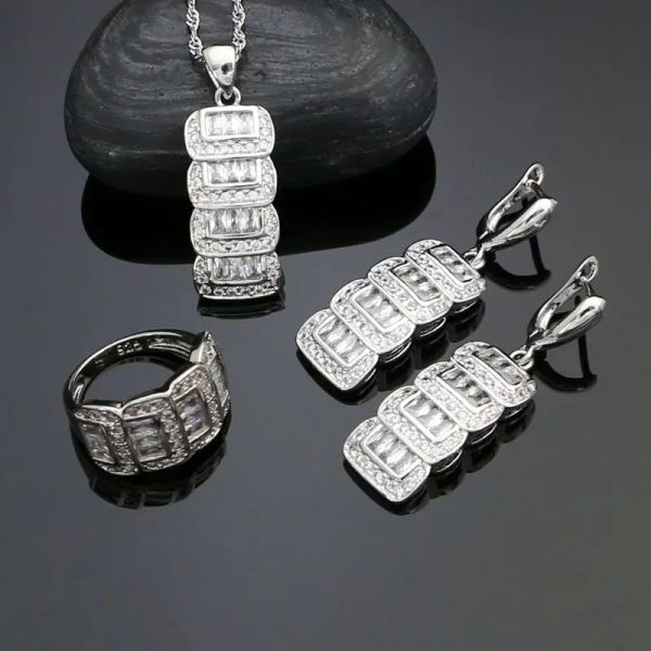 Conjuntos clássicos de prata esterlina 925, conjuntos de joias de casamento para mulheres, brincos/anéis/pingente/colar de cristal branco