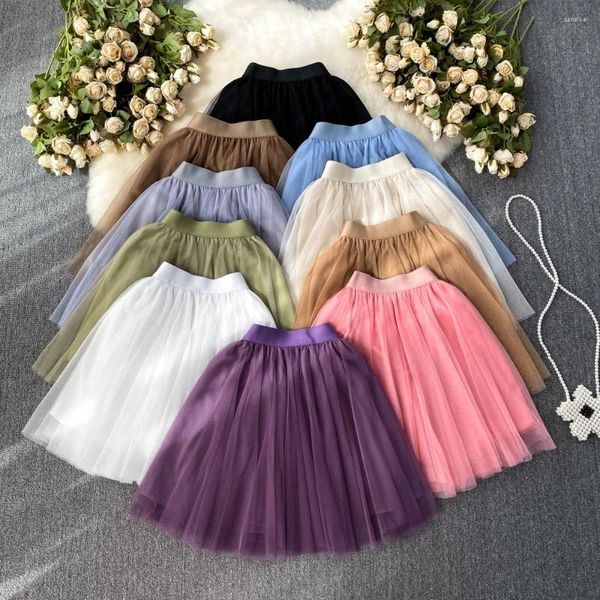 Gonne Dolci Donne Mini Gonna Maglia Solido A più livelli Increspature Elastico in vita Abbigliamento donna Onnipotente A-line Tulle Estate Dropship