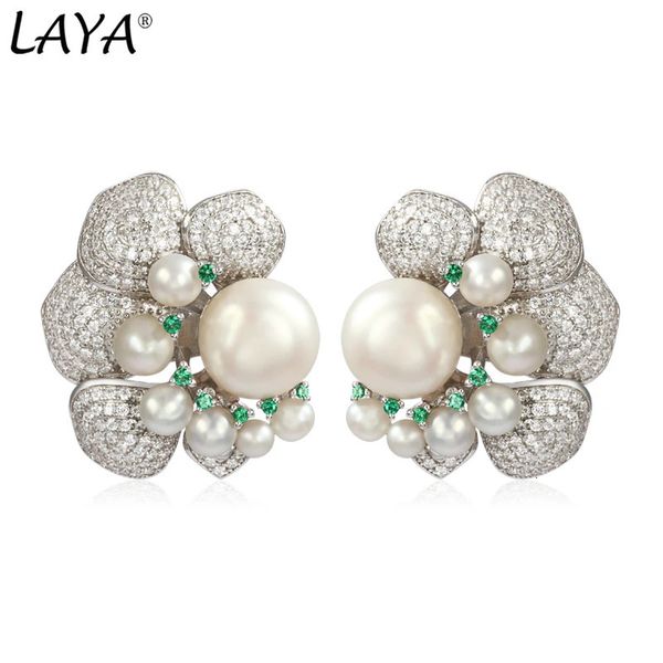 LAYA Argento sterling 925 Design di personalità della moda di alta qualità Zircone verde Nano orecchini di perle naturali per le donne Gioielleria raffinata 240220