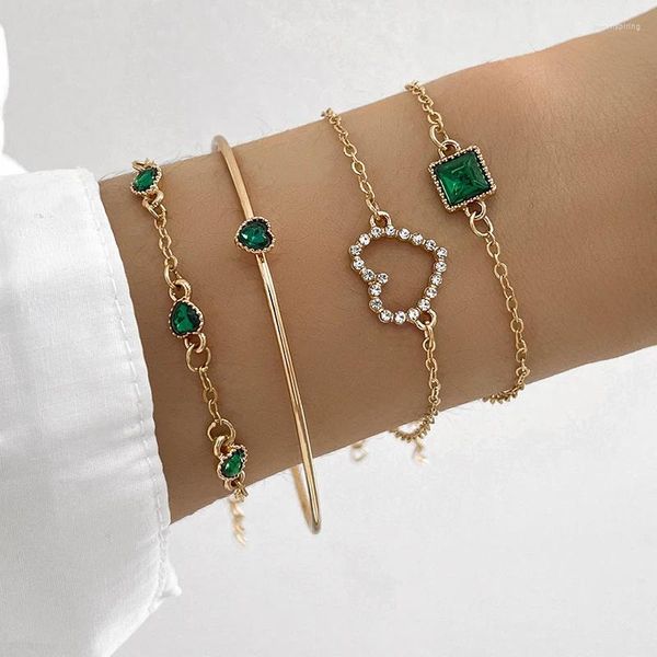 Braccialetti con ciondoli Set di braccialetti a cuore con strass verde moda per donna Bracciale a catena quadrata in cristallo Accessori di gioielli alla moda femminili