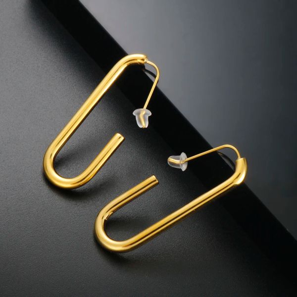 Orecchini semplici a forma di U con rettangolo geometrico lungo, orecchino in oro giallo 14k, per gioielli da donna