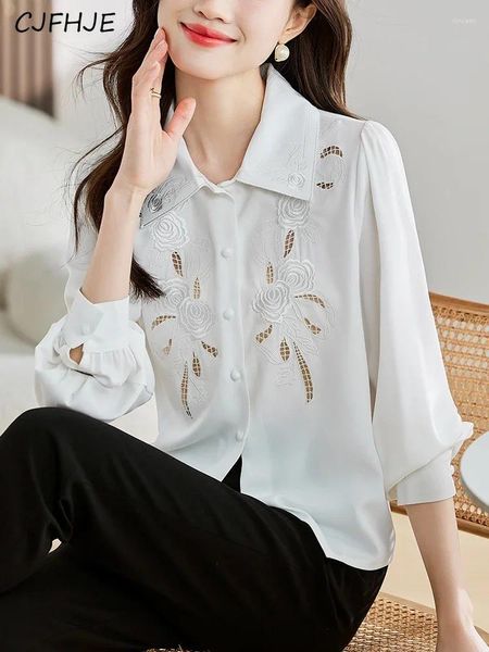 Blusas femininas cjfhje bordado casual escritório senhoras camisa de manga longa chique branco feminino oco para fora camisas elegantes moda workwear