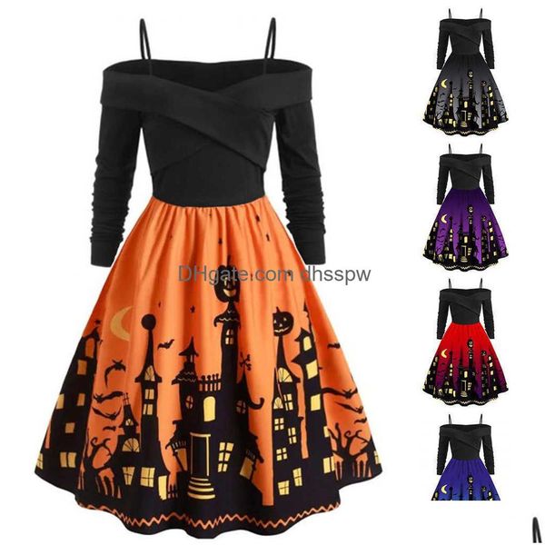 Tema Costume Donna Zucca Party Print Dress Halloween Manica lunga Scollo a V Abiti vintage casual Plus Size Vestido Corto Mujer Fd Y Dhabf