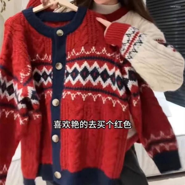 Cardigan lavorato a maglia con motivo a rombi dolci natalizi da donna per ragazze studenti preppy maglioni oversize larghi cappotti autunno inverno