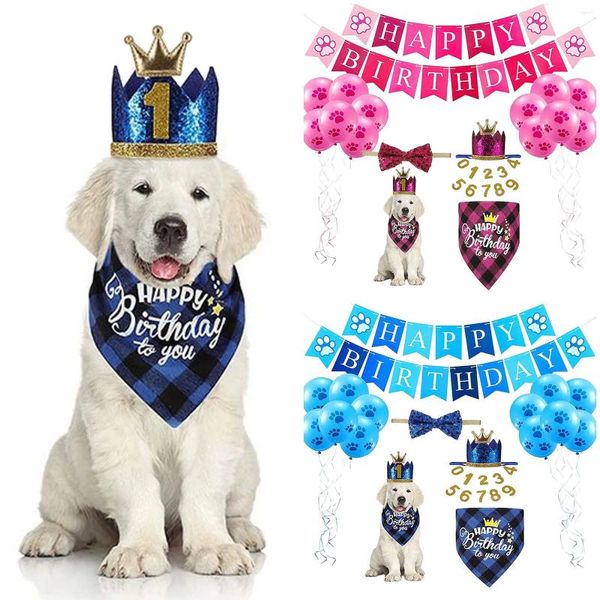 Abbigliamento per cani Accessori per feste di compleanno per animali domestici Numero Cappello Papillon Triangolo Sciarpa Tirare bandiera Palloncino Set Decorazione Puntelli Imbracatura