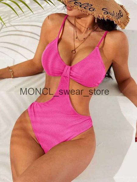 Damenbadbekleidung Sexy Hohe Taille Bikini Frauen Solide Hot Pink Hollow Out Rückenfrei Einteiliger Badeanzug 2023 Badeanzug Trajes de BaoH24222