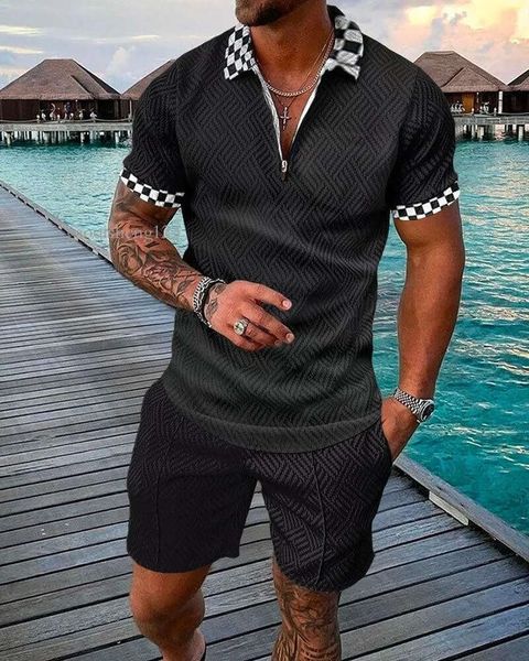 Calças masculinas 2 peças conjunto camisa shorts moda casual terno verão est zíper lapela camiseta tops homem roupas de manga curta M-7Xlmen's Men' Gaoqisheng123