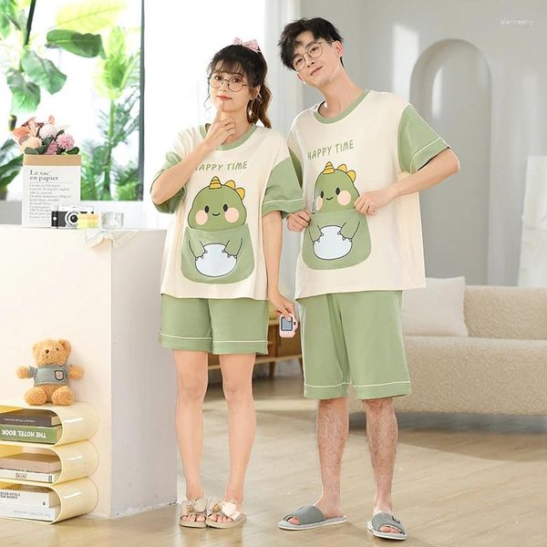 Mulheres sleepwear verão casal mulheres homens pijama conjuntos casa roupas dos desenhos animados dinossauro coreano solto colarinho redondo pijama algodão adulto unise