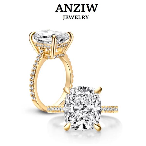 Anziw sterling sier 6ct almofada corte anel 4 pinos sona simulado diamante anéis de noivado feminino grande pedra jóias de casamento