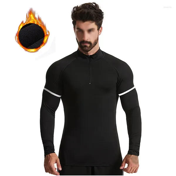 Camiseta masculina meia zíper camisa quente esportes de inverno correndo manga longa topos treinamento de fitness elástico atlético baselayer undershirt