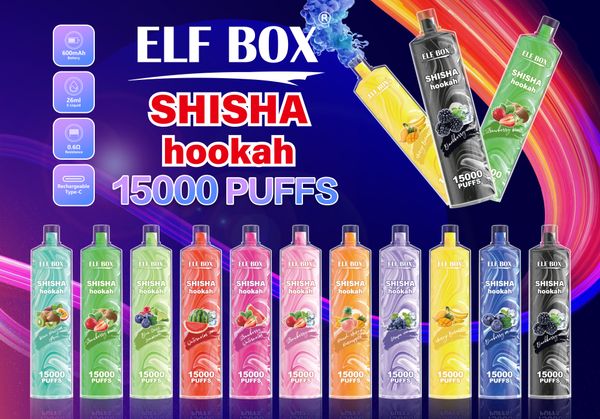 ELF Box Puff 15k Shisha Narghilè 15000 Sbuffi Sigarette Vape E usa e getta 0% 2% 3% 5% 26ml Pod preriempito 0.6ohm 600mah Penna batteria ricaricabile