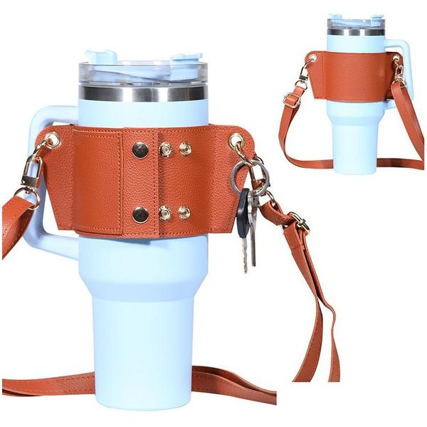 Articoli di novità Porta carte di credito Portachiavi Porta bottiglia d'acqua portatile in pelle PU Tracolla 40 Oz 30 Bicchiere con manico Consegna a goccia Hom Dhcj5