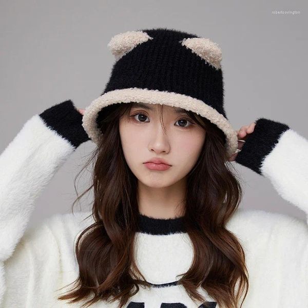 Beralar Japon sevimli ayı kulaklar peluş kase şapka Sonbahar ve kış Kore versiyonu çok yönlü pamuk kaşmir örme balıkçı