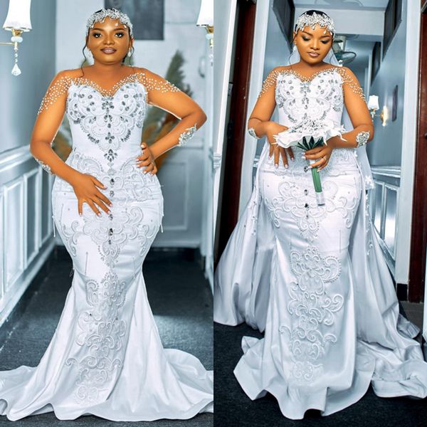 Nigeria Plus Size Aso Ebi Meerjungfrau-Hochzeitskleid Brautkleider für die Braut mit abnehmbarer Schleppe, transparentem Ausschnitt, langen Ärmeln, Perlenspitze, Marraige-Kleid für schwarze Mädchen NW099