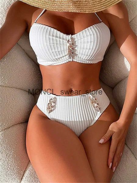 Damenbadebekleidung Sexy Strass Bikini 2024 Frauen Luxus Weiß Schwarz Bandeau Push Up Micro Badeanzug Strand Badeanzug Metall Hohe TailleH24222