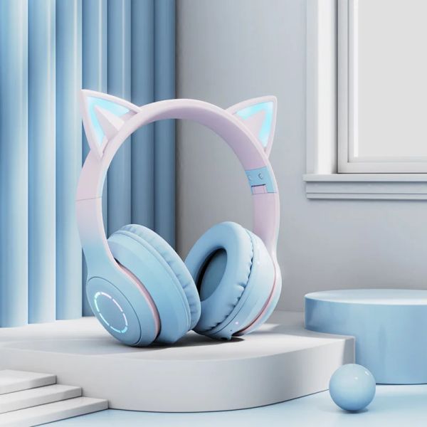Cuffie/auricolari Nuovo arrivo Senza fili Bluetooth Sfumatura di colore Cat Ear Cuffie Microfono staccabile Illuminazione RGB Pieghevole Musica Cuffie da gioco dal vivo