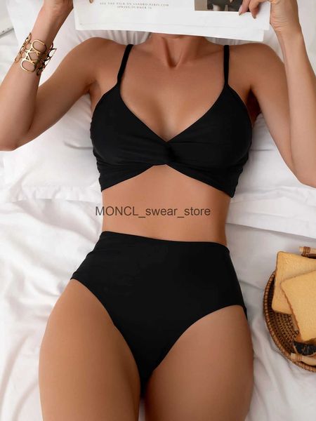 Damenbadebekleidung Hohe Taille Bikini 2024 Sexy Black Front Tie Push Up Zweiteiliger Badeanzug Sommer Badeanzug Rückenfrei Biquinis femininoH24222