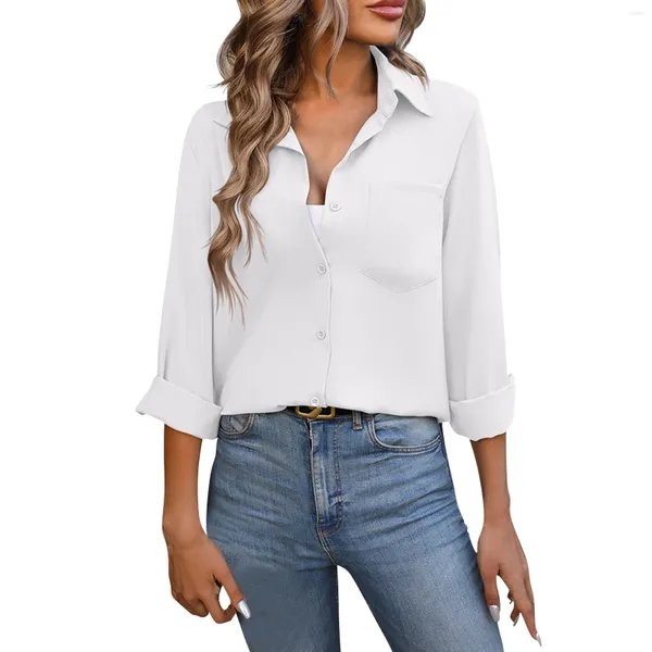 Blusas femininas camisas moda solta casual cor sólida manga comprida outono simples fino ajuste versátil temperamento camisa