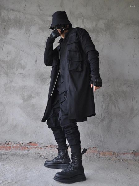Мужские куртки Темный стиль Techwear Трехмерный мужской карго с несколькими карманами Свободный воротник-стойка Красивый средний длинный плащ