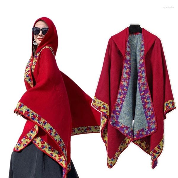 Eşarp Kadın Kapşonlu Palto Poncho Sweater Cape Vintage Çiçek Desen HARDIGAN ŞAL SAP