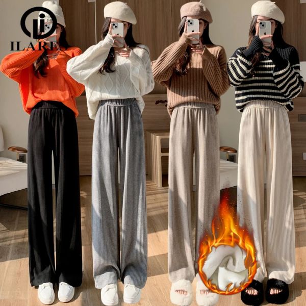 Calças ilares calças femininas outono veludo calças femininas roupas casuais calças de cintura alta para mulheres coreano streetwear perna larga roupas quentes