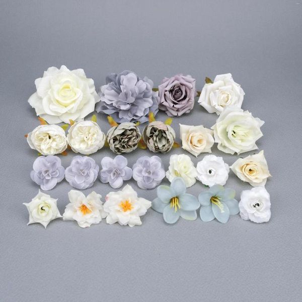 Fiori decorativi 23 pezzi Crema rosa teste di fiori di seta artificiale Set combinato sfuso Grigio falso Daliha per artigianato fai da te Scrapbook Decor Accessori