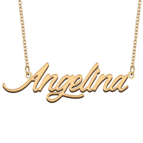 Angelina Namenshalsketten-Anhänger für Frauen, Freundin, Geschenke, individuelles Namensschild, Kinder, beste Freunde, Schmuck, 18 Karat vergoldeter Edelstahl