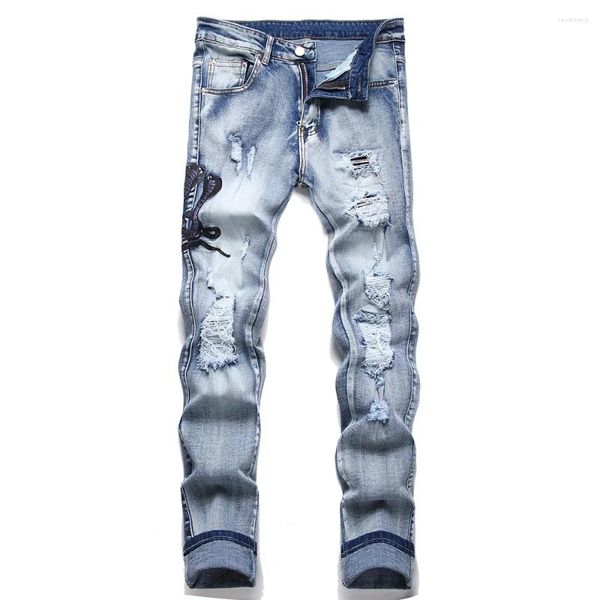 Jeans masculinos homens cobra bordado buracos rasgados azul estiramento denim calças finas calças cônicas