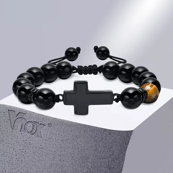 Strang Vnox 8 mm Kreuz für Männer und Frauen, schwarze Natursteine, Perlen, religiöses Armband, Länge verstellbar