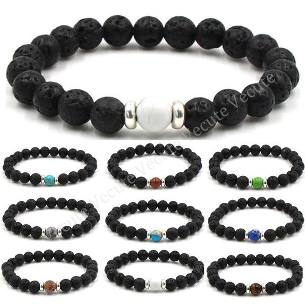 Handgefertigtes schwarzes Lava-Perlen-Armband mit Charme, Naturstein-Armbänder, Chakra-Yoga-Freundschaftsarmband, Armreif für Männer und Frauen, Schmuck zum Großhandelspreis