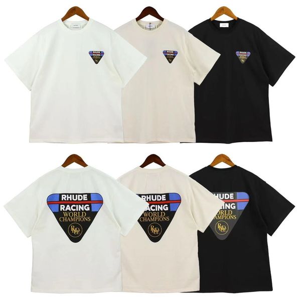 Erkek t Shirt Dünya Şampiyonu Rhude Tshirt Üçgen Logo Gevşek Baskı T Shirt Erkekler ve Kadınlar İçin Aynı Tasarımcı Gömlek Yaz aylarında çiftler için yeni pamuk tişört