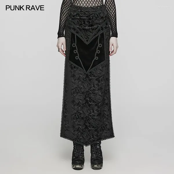 Röcke PUNK RAVE Damen Gothic Spitze Bedruckter Samt Split Rock Party Club Dunkel Lang Für Frauen Kleidung