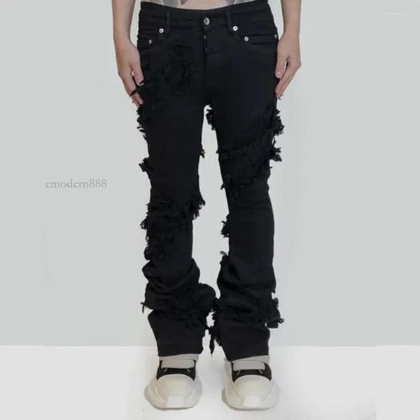 Jeans Moda Svasato da Uomo Strappato Distressed Streetwear Pantaloni in Denim Nero Nastri Lunghi Trend Uomo Emodern888