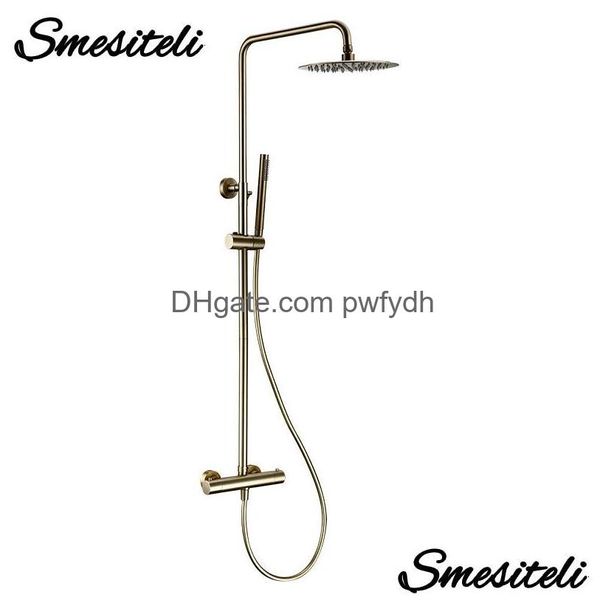 Soffioni doccia da bagno Set termostatico Rubinetto in oro spazzolato Sistema di temperatura in ottone Miscelatore Soffione a pioggia Montaggio a parete Spruzzatore portatile Dh49Z